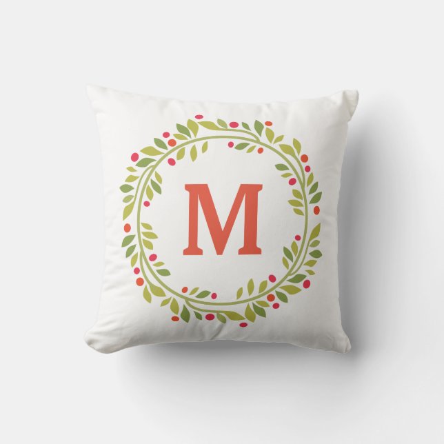 Modern Floral Monogram Wreath Throw Pillow (Front)
