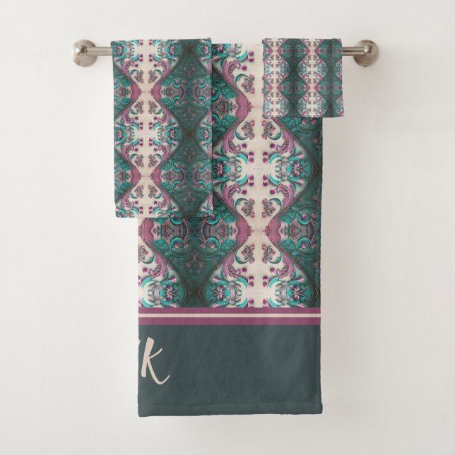Modern Floral Monogrammed Bath Towel Set (Insitu)