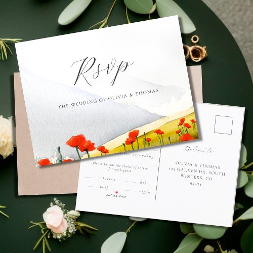 Modern Floral Mountain Red Poppy Wedding Meal RSVP Invitation Postcard