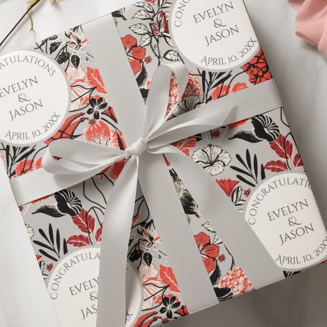 Modern Floral Names Wedding Wrapping Paper (Elegant Congratulations Bold Floral Pattern in Taupe Gray, Red, Black for Wedding, Engagement Party)