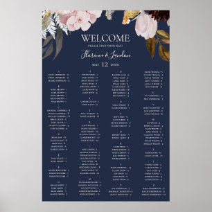 Modern Floral Navy Alphabetical Seating Chart