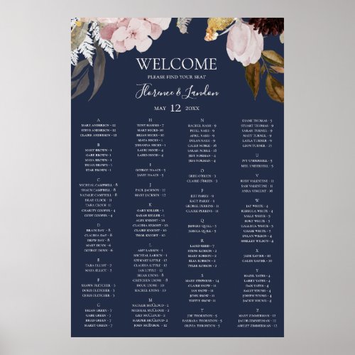 Modern Floral  Navy Alphabetical Seating Chart