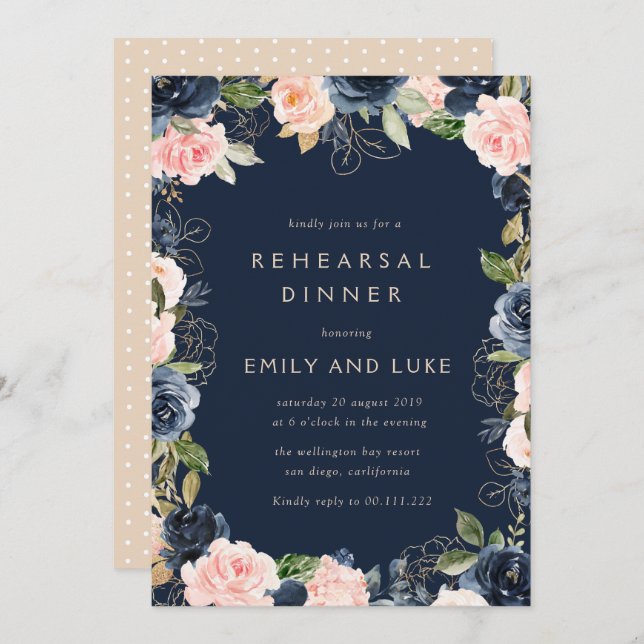 Modern floral navy and blush rehearsal dinner invitation (Front/Back)