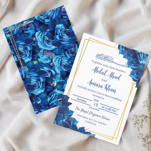 Modern Floral Navy Blue and Gold Muslim Wedding  Invitation