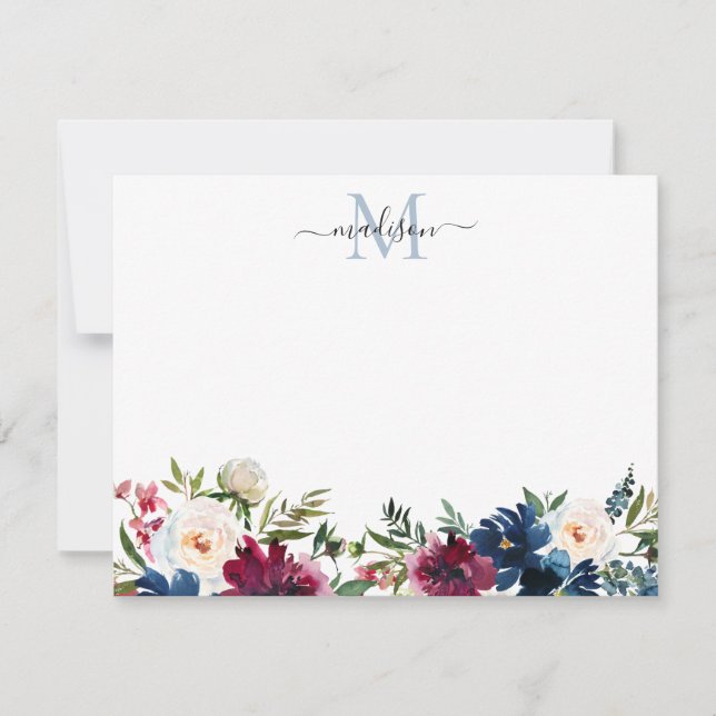 Modern Floral Navy Blue Burgundy Red Rose Monogram Note Card (Front)