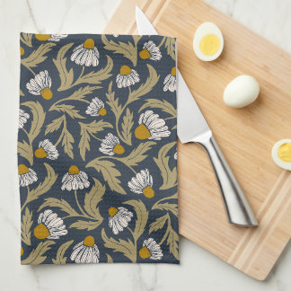 Modern Floral Navy Blue Coneflower Daisy Botanical Kitchen Towel