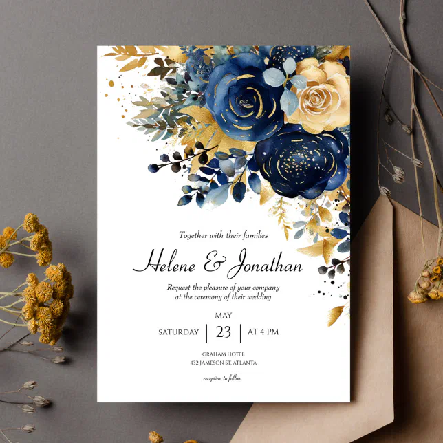 Modern Floral Navy Blue Gold Elegant Wedding Invitation | Zazzle