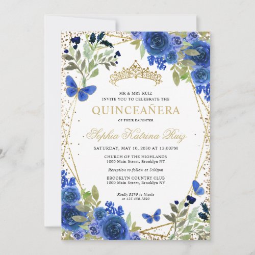 Modern Floral Navy Blue Gold Tiara Quinceaera Invitation