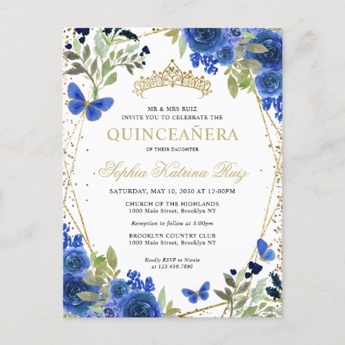 Modern Floral Navy Blue Gold Tiara Quinceaera Postcard