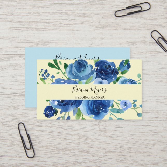 Modern Floral Navy Blue Yellow Business Card (Front/Back In Situ)