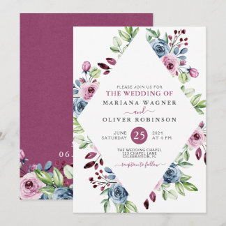 Modern Floral Navy Burgundy Wedding Invitation
