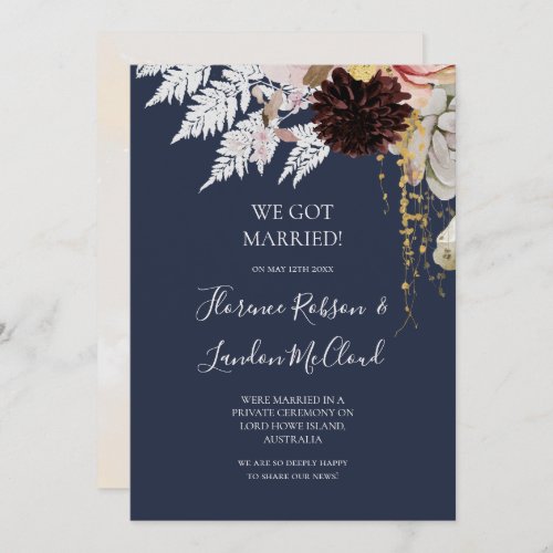 Modern Floral  Navy Elopement Announcement