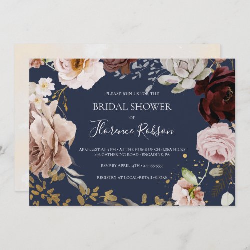 Modern Floral  Navy Horizontal Bridal Shower Invitation