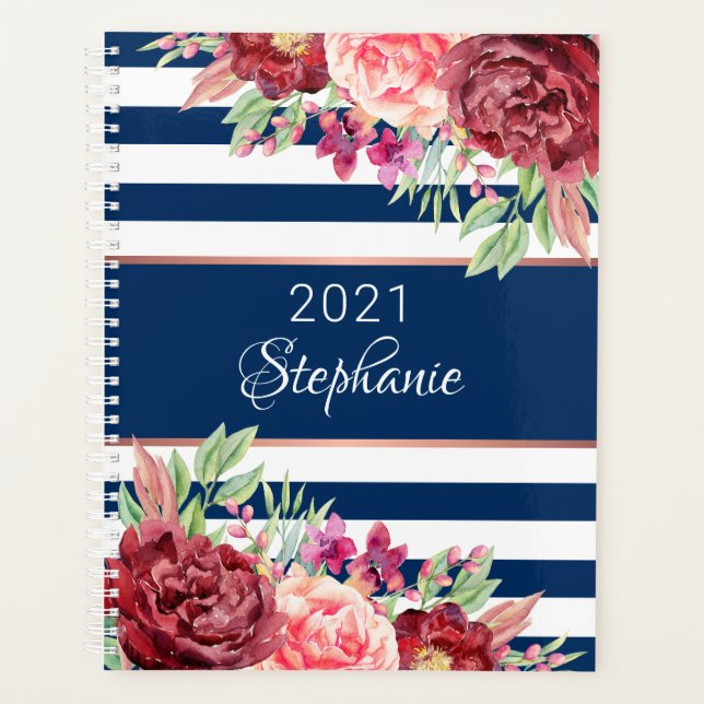 Modern Floral Navy White Stripe Personalized Planner (Front)