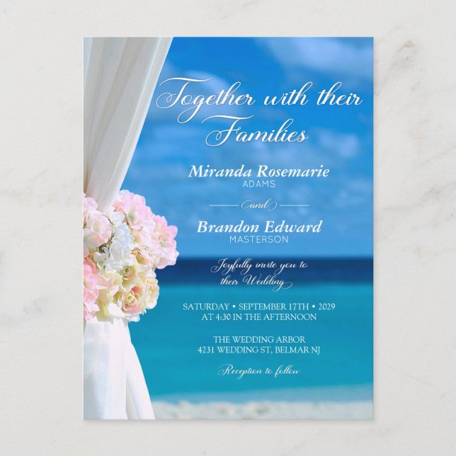 Modern Floral Ocean Beach Summer Wedding Invitation Postcard (Front)