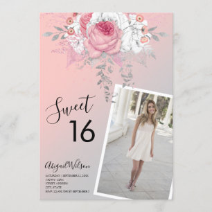 Modern floral ombre sweet sixteen birthday party invitation