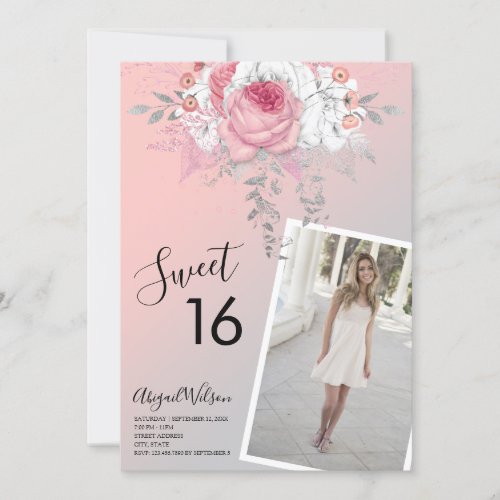 Modern floral ombre sweet sixteen birthday party invitation