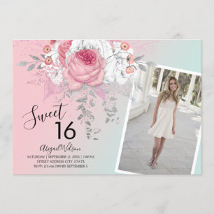 Modern floral ombre sweet sixteen birthday party invitation