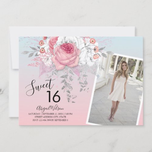 Modern floral ombre sweet sixteen birthday party invitation