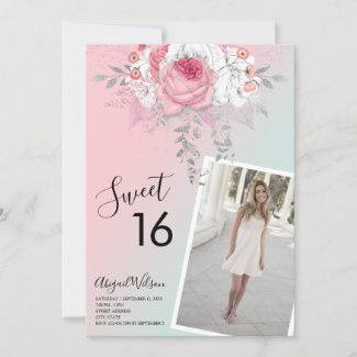 Modern floral ombre sweet sixteen birthday party invitation