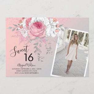 Modern floral ombre sweet sixteen birthday party invitation