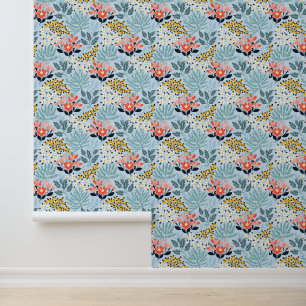 Modern Floral on Blue Wallpaper