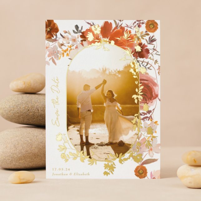 Modern Floral Oval Photo Save The Date Gold Foil Invitation (Creator Uploaded)