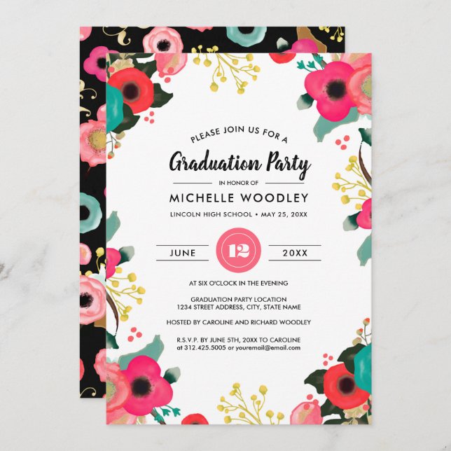Modern Floral Painting Custom Graduation Party  Invitation (Front/Back)