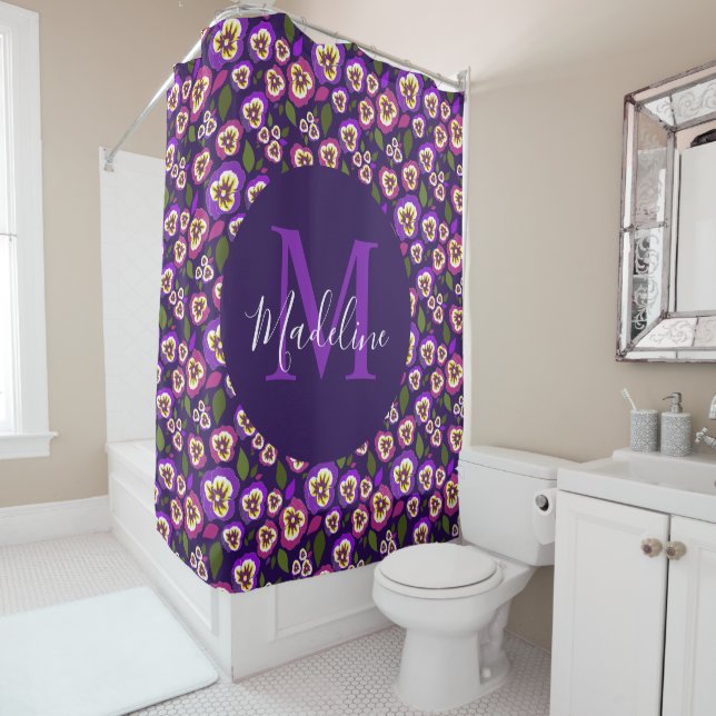 Modern Floral Pansies Pattern Purple Monogram Shower Curtain (In Situ)