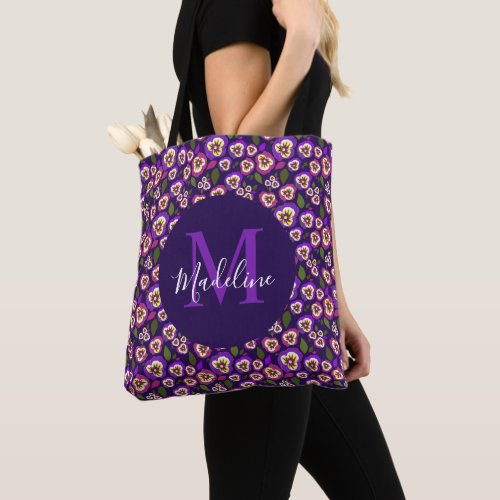 Modern Floral Pansies Pattern Purple Monogram Tote Bag