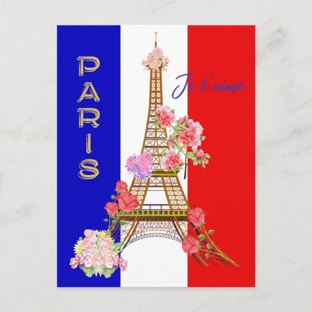 Modern Floral Paris je t'aime Eiffel Tower Travel Holiday Postcard (Front)