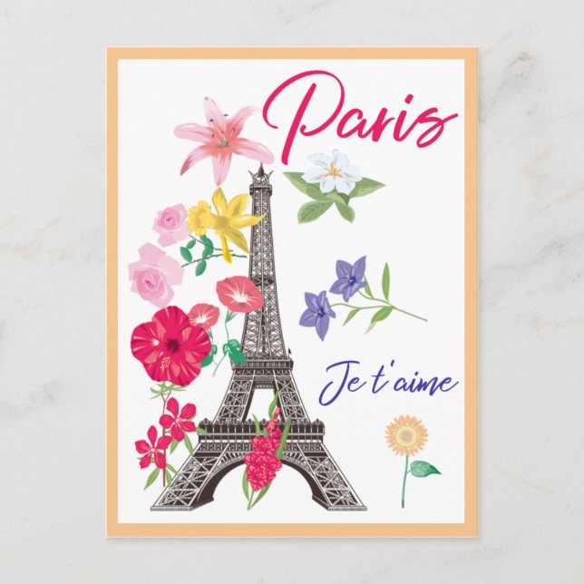 Modern Floral Paris je t'aime  Eiffel Tower Travel Postcard (Front)