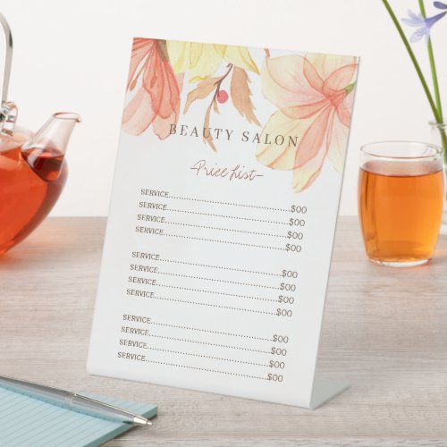 Modern floral pastel watercolor salon price list pedestal sign