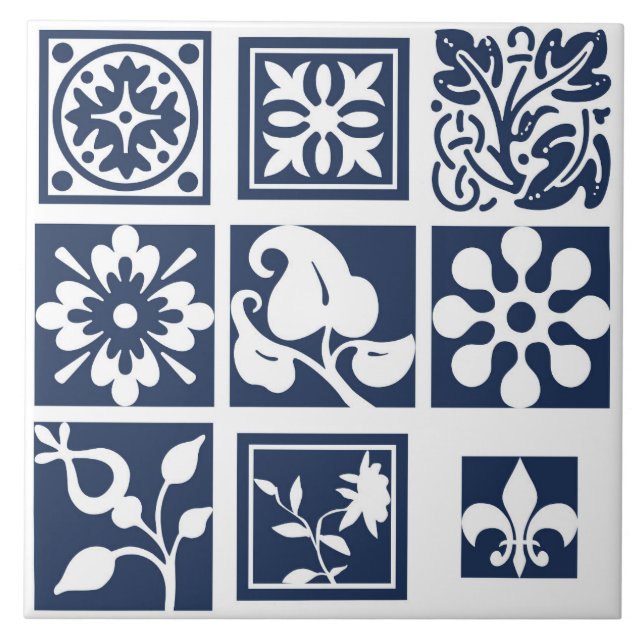 Modern, floral patchwork, white, navy blue ceramic tile (Front)