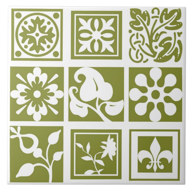 Modern, floral patchwork, white, olive green ceramic tile (Front)