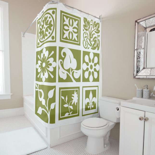 Modern, floral patchwork, white, olive green shower curtain (In Situ)
