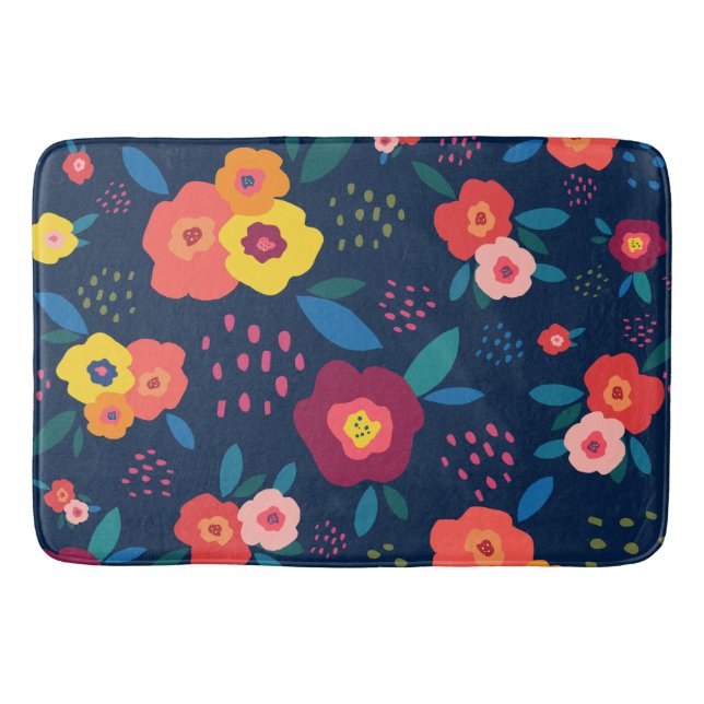 Modern Floral Pattern Blue Coral Yellow Botanical Bath Mat (Front)
