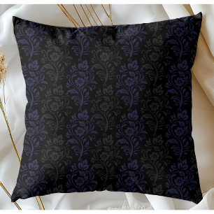 Modern Floral Pattern Blue Gray On Black Throw Pillow