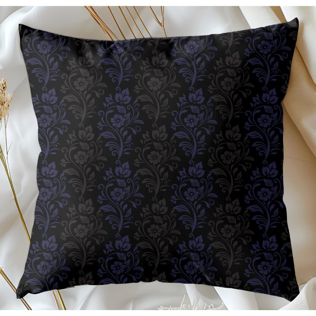 Modern Floral Pattern Blue Gray On Black Throw Pillow (Creator Uploaded)