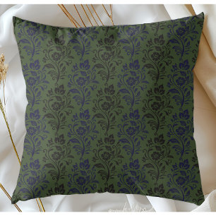 Modern Floral Pattern Blue Gray On Green Throw Pillow