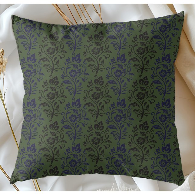 Modern Floral Pattern Blue Gray On Green Throw Pillow (Creator Uploaded)