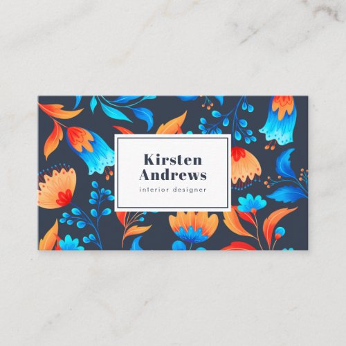 Modern floral pattern blue orange night flowers business card