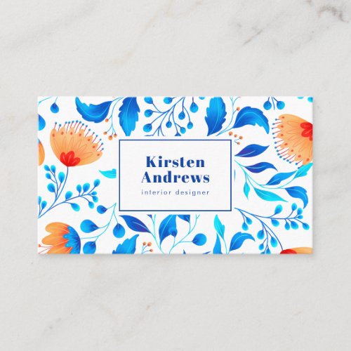 Modern floral pattern boho blue orange flowers business card