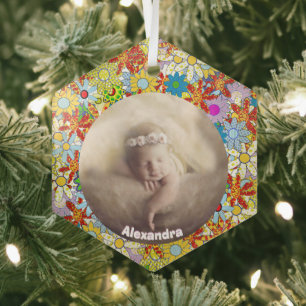 Modern Floral Pattern Bright Colors Glass Ornament