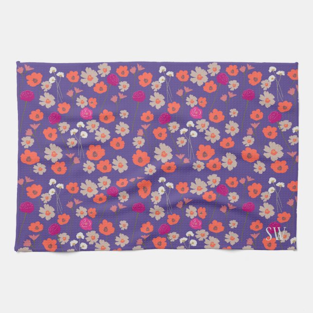 Modern Floral Pattern Gift For Her+Custom Initials Kitchen Towel (Horizontal)