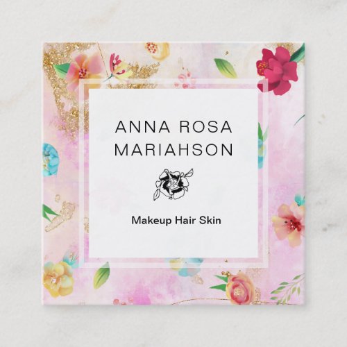  Modern Floral Pattern Gold Glitter Pink Square Business Card