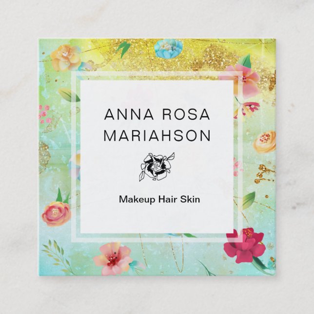 *~* Modern Floral Pattern Gold Glitter Square Business Card (Front)