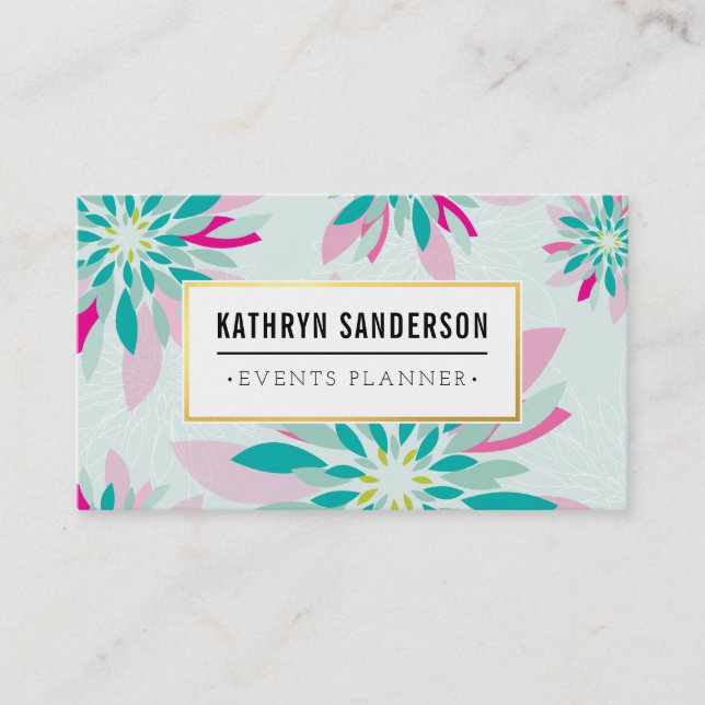 MODERN FLORAL PATTERN gold logo flower mint pink Business Card (Front)