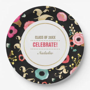 Modern Floral Pattern Graduation Party Custom Paper Plates