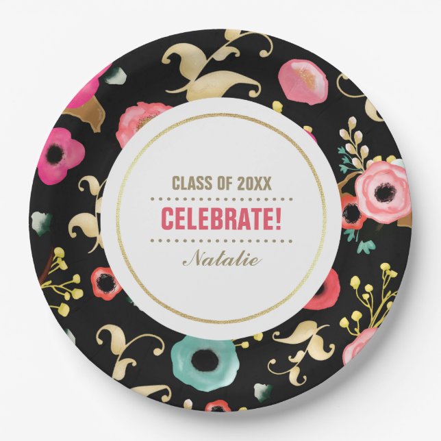 Modern Floral Pattern Graduation Party Custom  Paper Plates (Front)